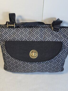 Baggalini Black & White Geometric Tote Bag With Gold Turn Lock Closure & Adjusta